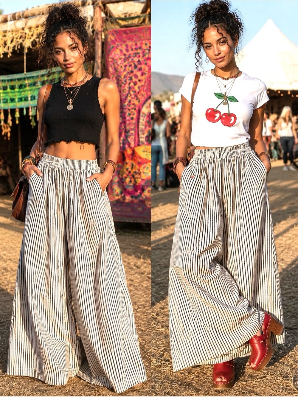 🌺 Palazzo Pants - Relaxed Wide-Leg Striped Black & White Super Cute & Comfy!!